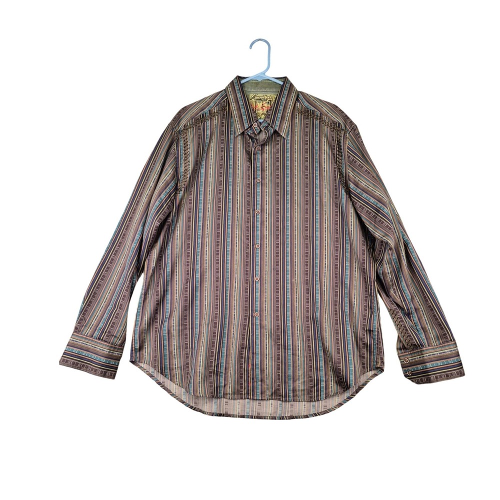 Robert Graham Mens XL Button Down Shirt‎ Striped Embroidered Brown Teal